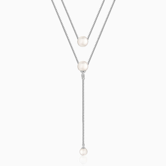 Silver Dual Layer Lariat Pearl Necklace