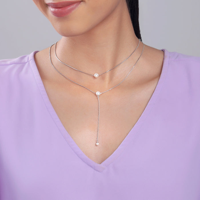 Silver Dual Layer Lariat Pearl Necklace