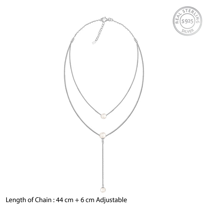 Silver Dual Layer Lariat Pearl Necklace