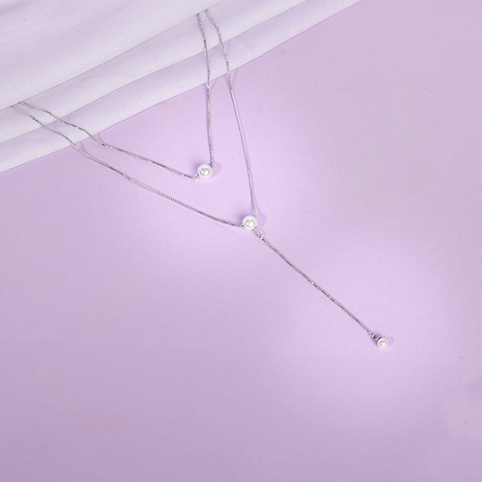 Silver Dual Layer Lariat Pearl Necklace