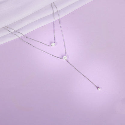 Silver Dual Layer Lariat Pearl Necklace