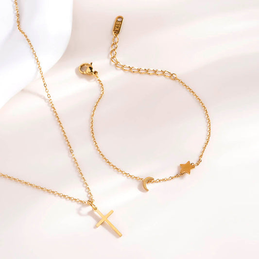 Star Moon Bracelet & Golden Cross Necklace Combo Set