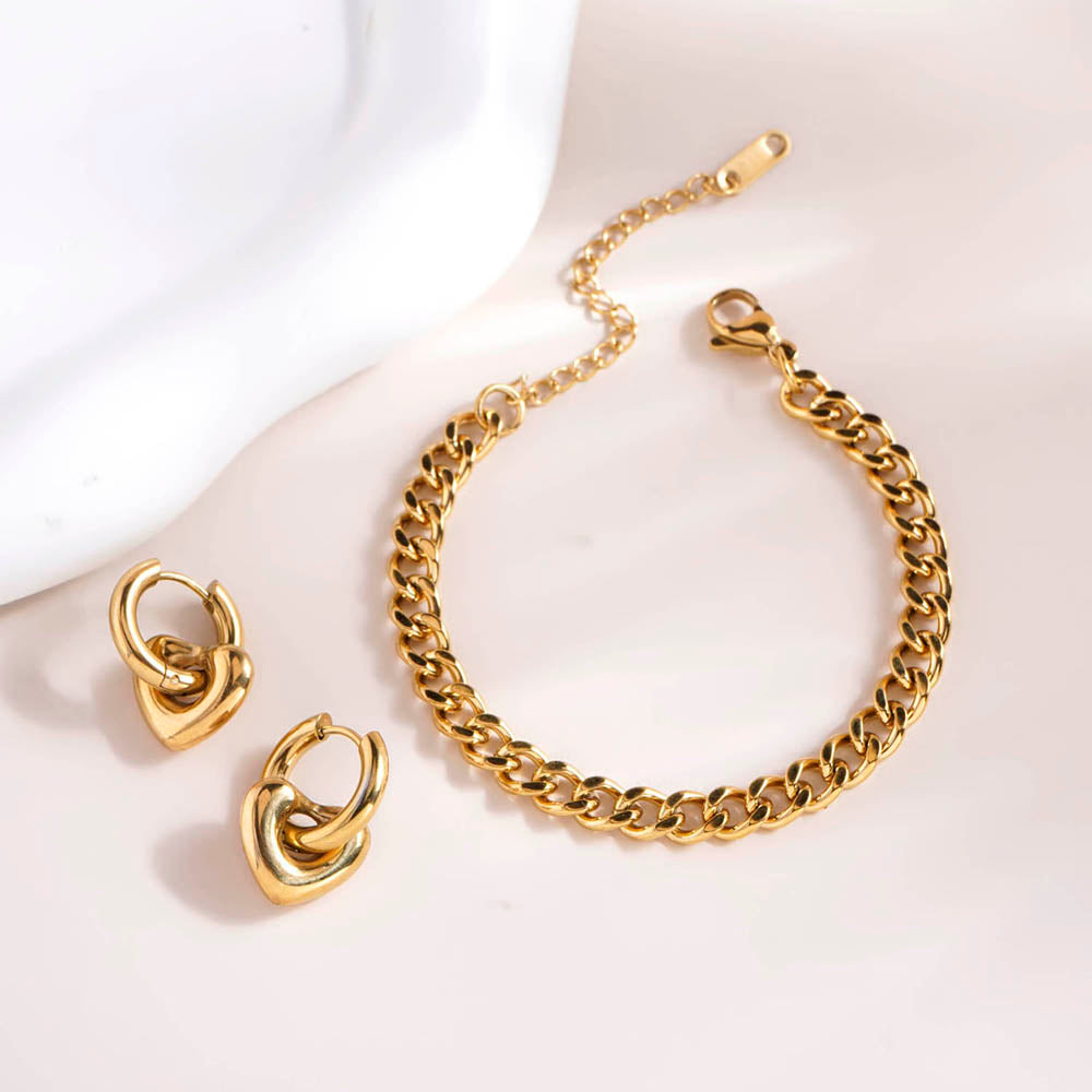 Chunky Small Bracelet & Gold Heart Hoop Earrings Combo Set