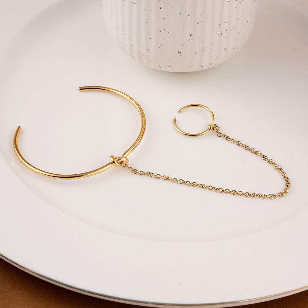 Cuff Bracelet With Ring & Everyday Exquisite Brown Stone Gold Necklace Combo Set