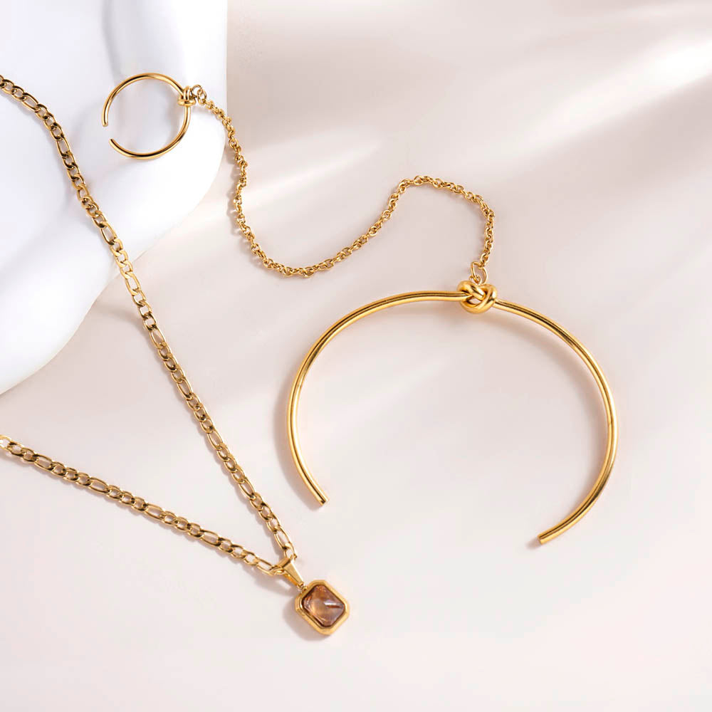 Cuff Bracelet With Ring & Everyday Exquisite Brown Stone Gold Necklace Combo Set
