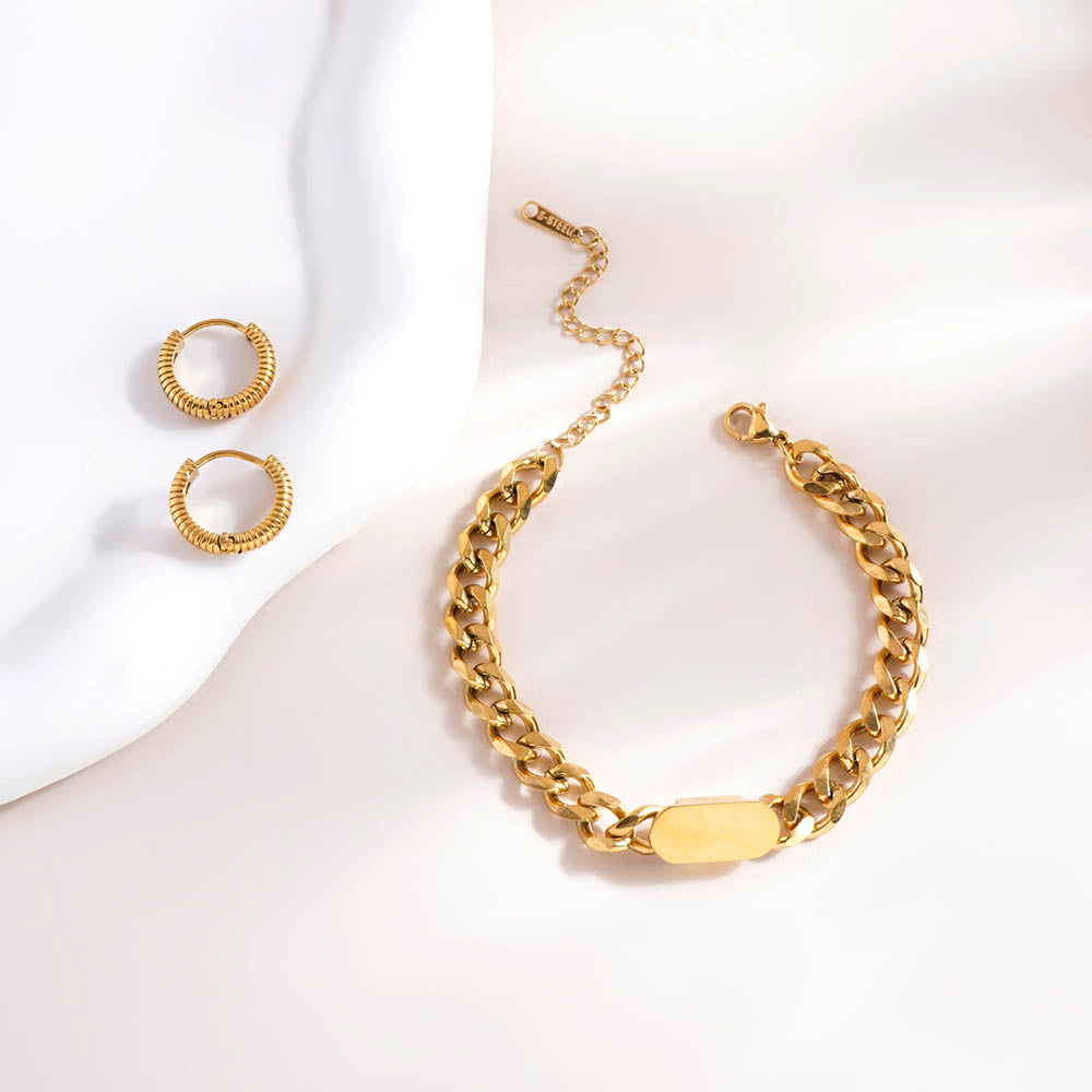 Small Bar Bracelet & Classic Textured Hoops Combo Set
