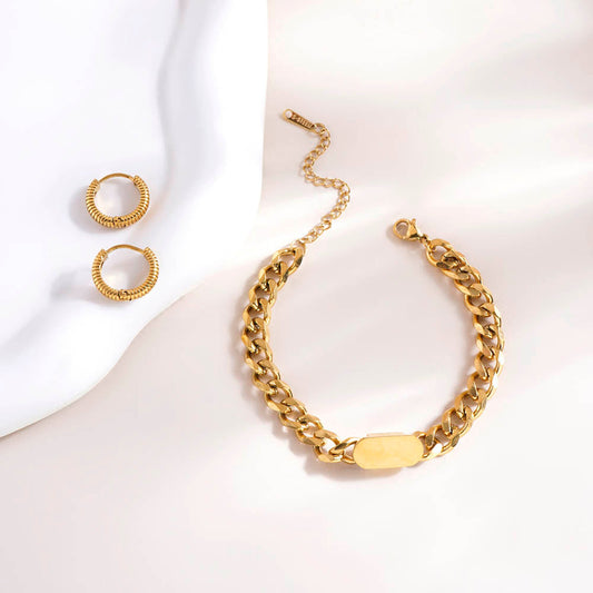 Small Bar Bracelet & Classic Textured Hoops Combo Set