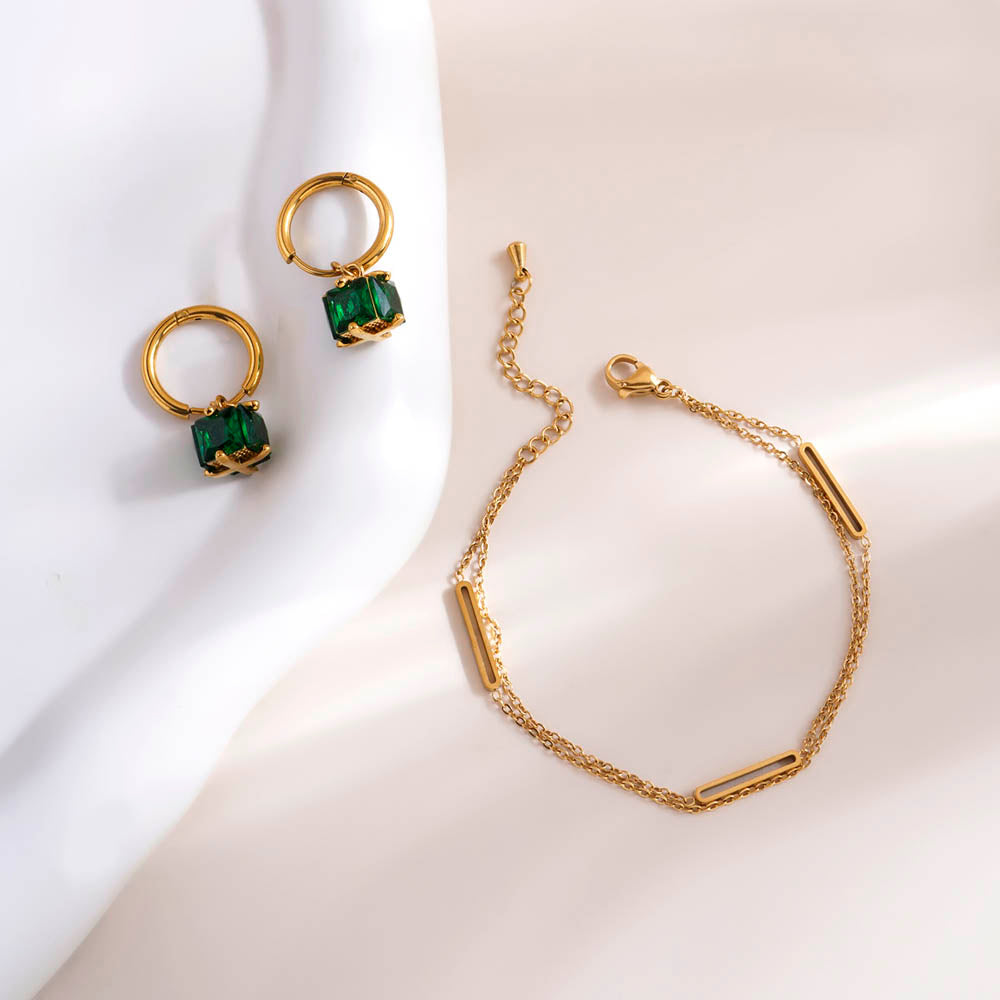 Bar Charm Bracelet & Emerald Hoop Earrings Combo Set