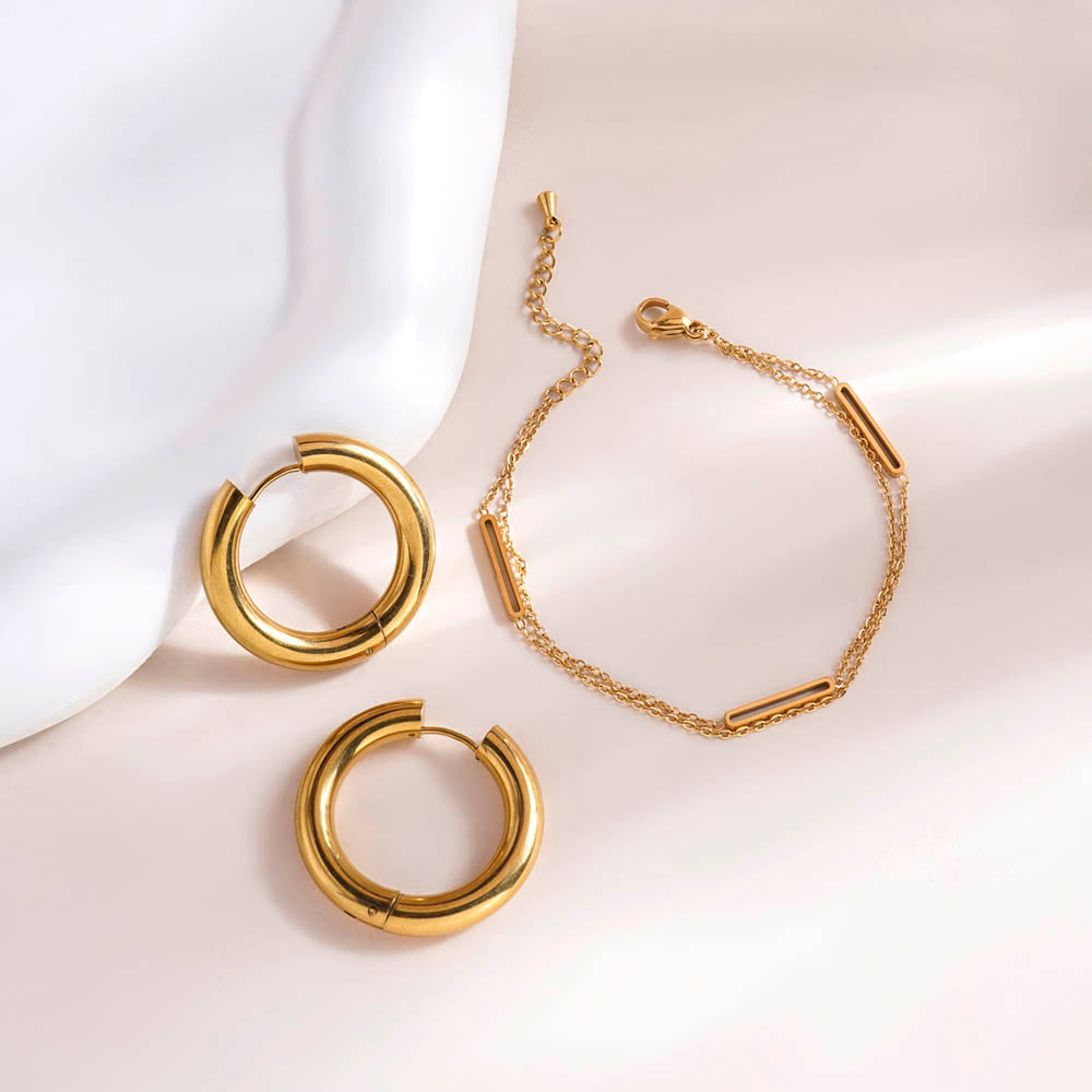 Bar Charm Bracelet & Classic Round Hoop Earrings Combo Set
