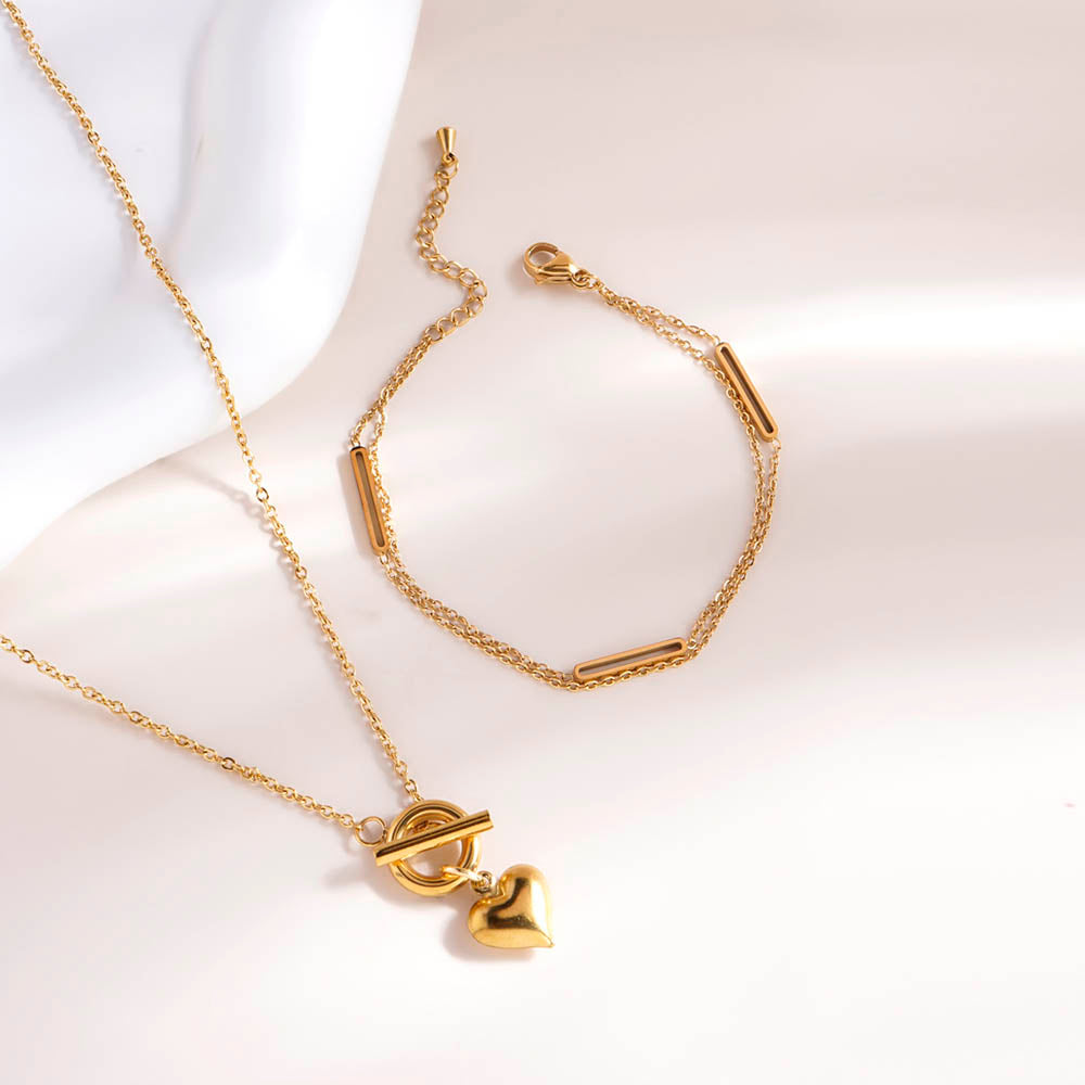 Bar Charm Bracelet & Ridge Heart T-Bar Necklace Combo Set