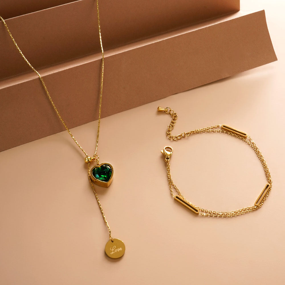 Bar Charm Bracelet & Emerald Love Necklace Combo Set