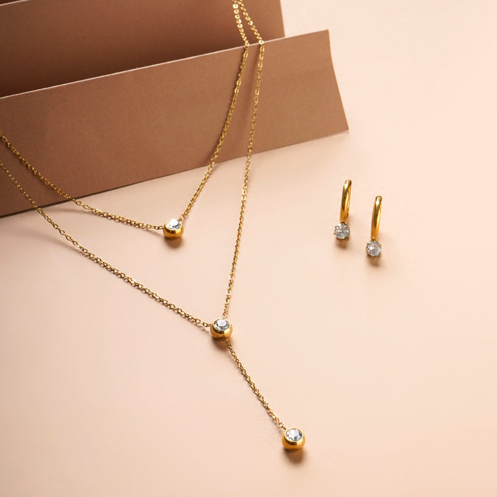 Athena Solitaire Hoop Earrings & Two Layered Solitaire Drop Necklace Combo Set