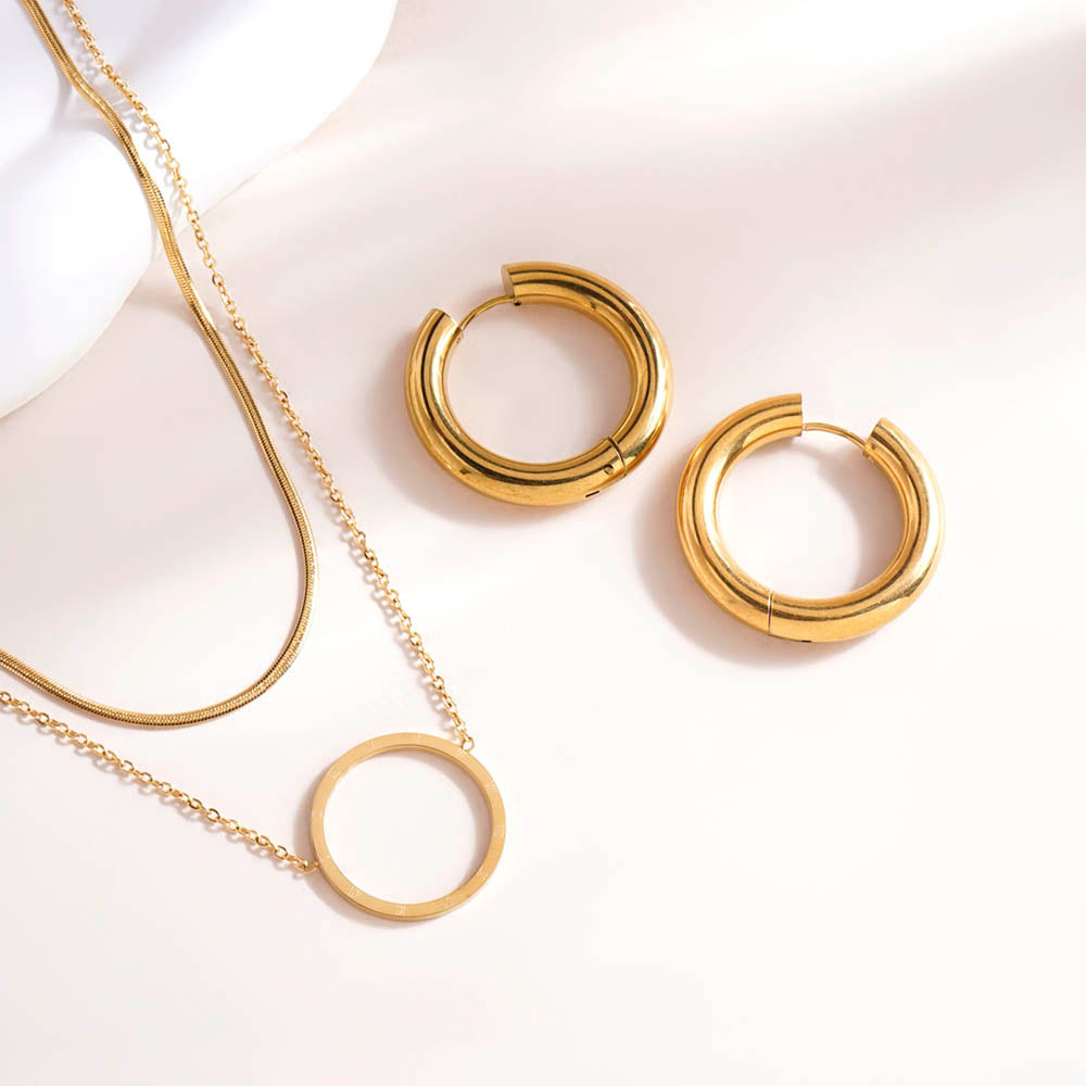 Classic Round Hoop Earrings & Circle Ring Double Layer Necklace Combo Set