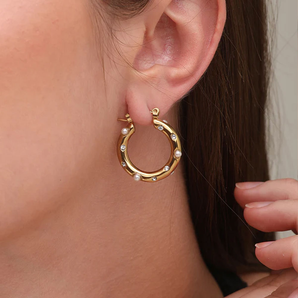 Diamond Pearl Studded Hoop Earrings