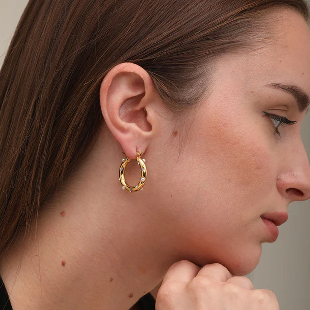 Diamond Pearl Studded Hoop Earrings