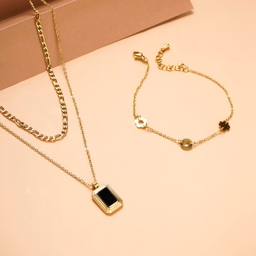 Black Onyx Two Layer Necklace & Flower Charm Bracelet Combo Set