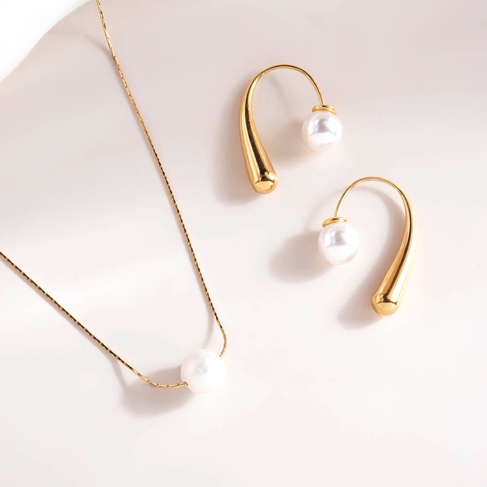 Delicate Pearl Necklace & Pearl Hook Earrings Combo Set