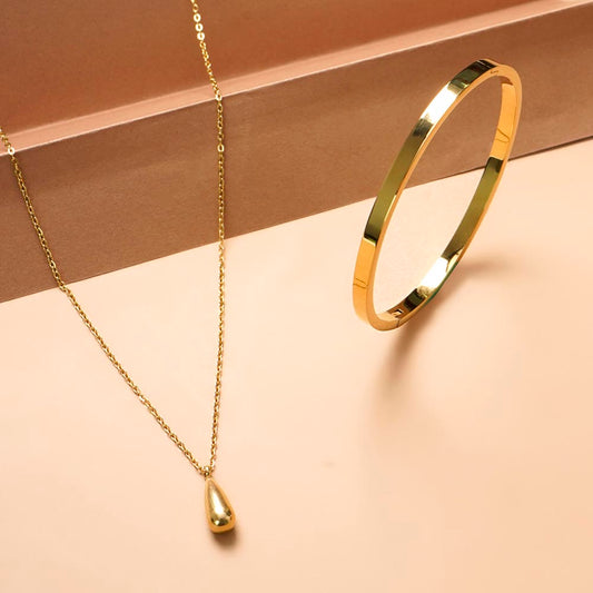 Thin Drop Necklace & Plain Stackable Bangle Bracelet |4MM Combo Set