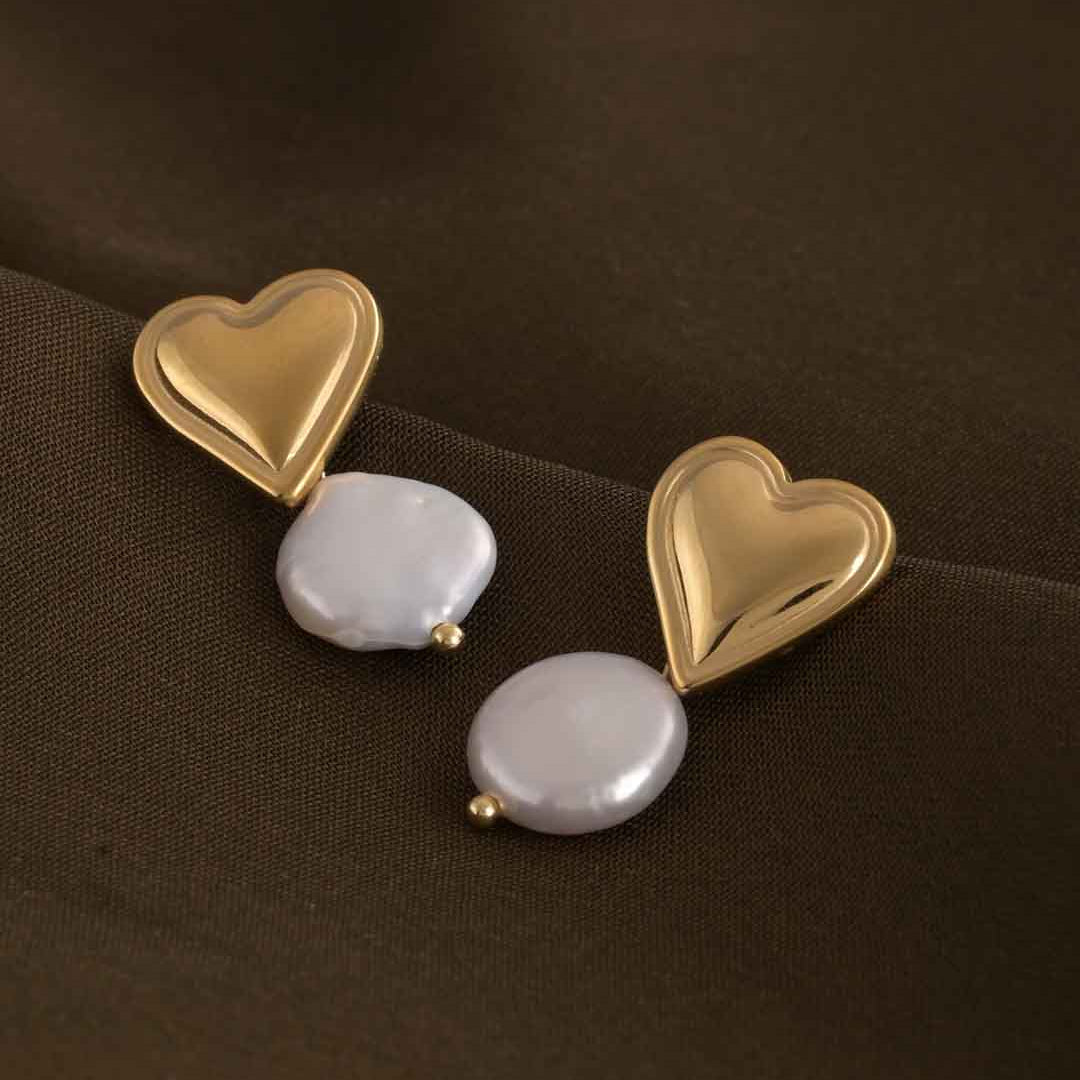 Dangling Pearl Heart Earrings