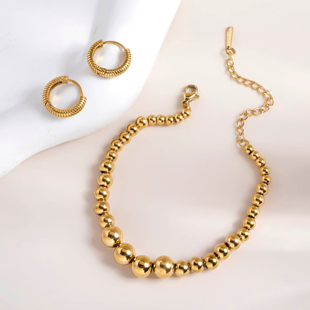 Classic Textured Hoops & Gold Beaded Bracelet Combo Set