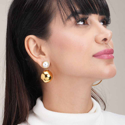 Gold Dome Drop Earrings with Pearl