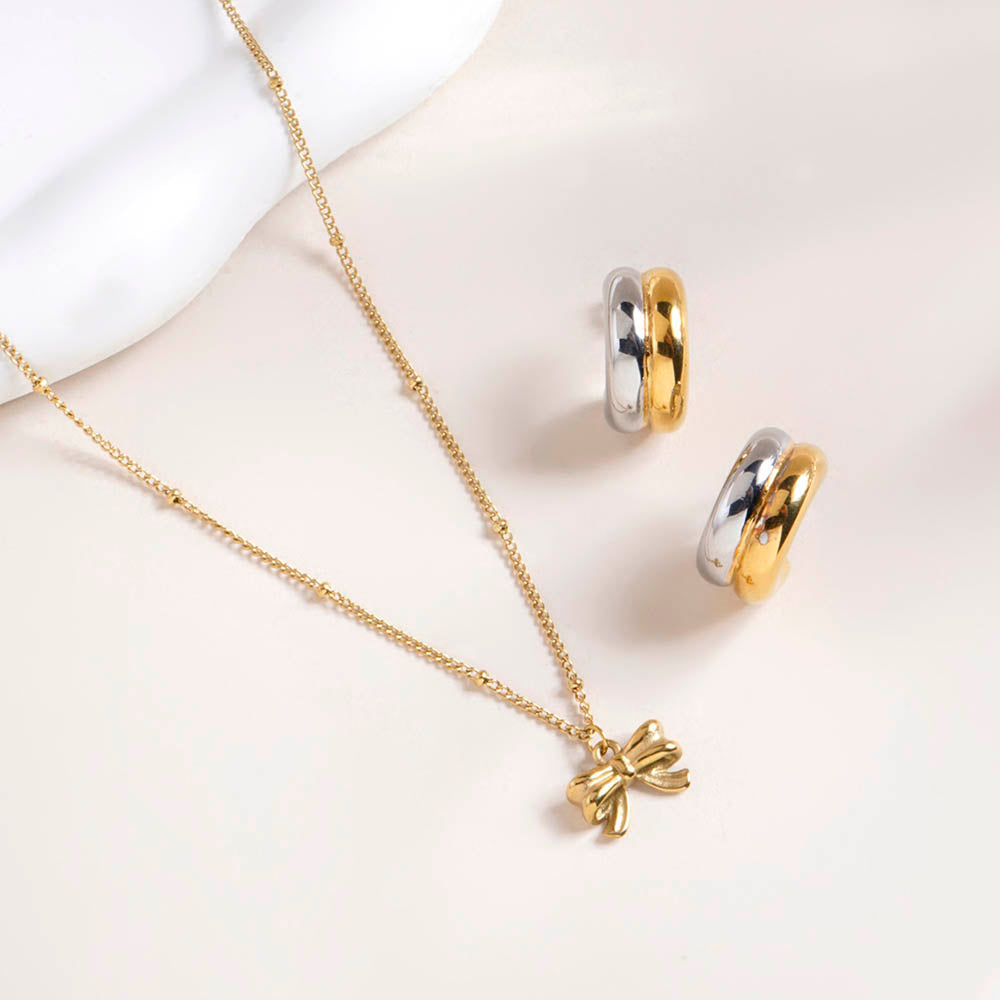 Ribbon Pendant Necklace & Golden Silver Chunky Hoop Earrings Combo Set