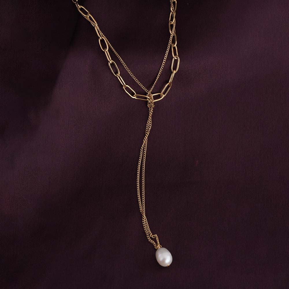 Layered Chain Necklace with Pearl Drop