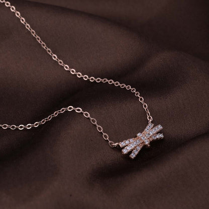 Zircon-Studded Bow Necklace | Rose Gold