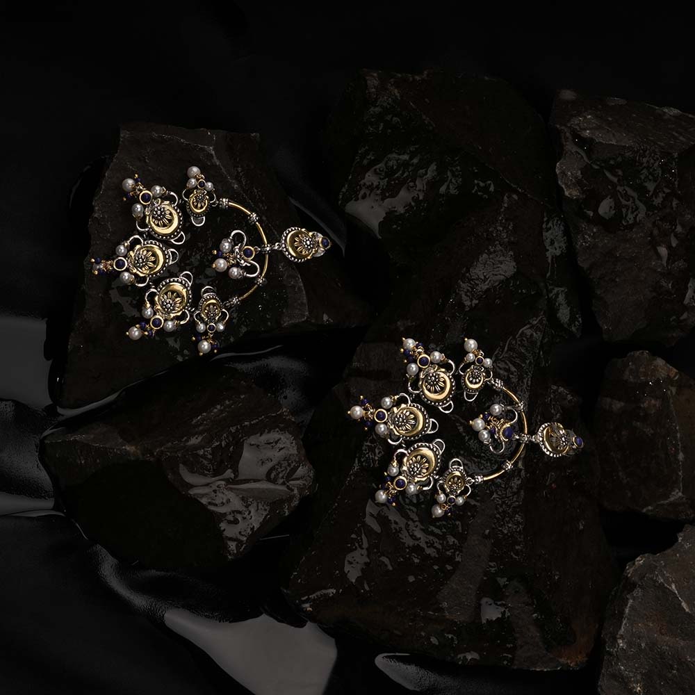 Blue Bead & White Pearl Chandbali Jhumka's