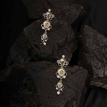 Three Motive Dual Tone Silver & Pearl Earrings