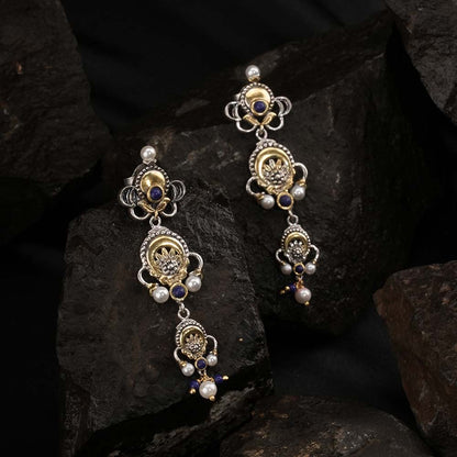 Three Motive Dual Tone Silver & Pearl Earrings