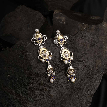Three Motive Dual Tone Silver & Pearl Earrings