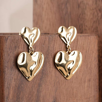 Textured Double Heart Drop Earrings