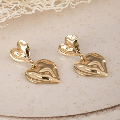 Textured Double Heart Drop Earrings