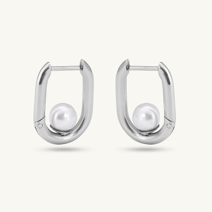 Silver U Pearl Hoop Earrings