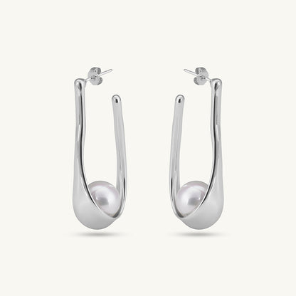 Silver Pearl Open Hoop Earrings