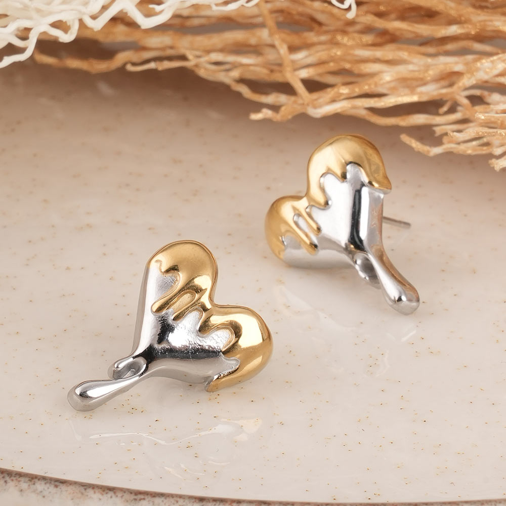 Bi-Metal Dripping Heart Stud Earrings