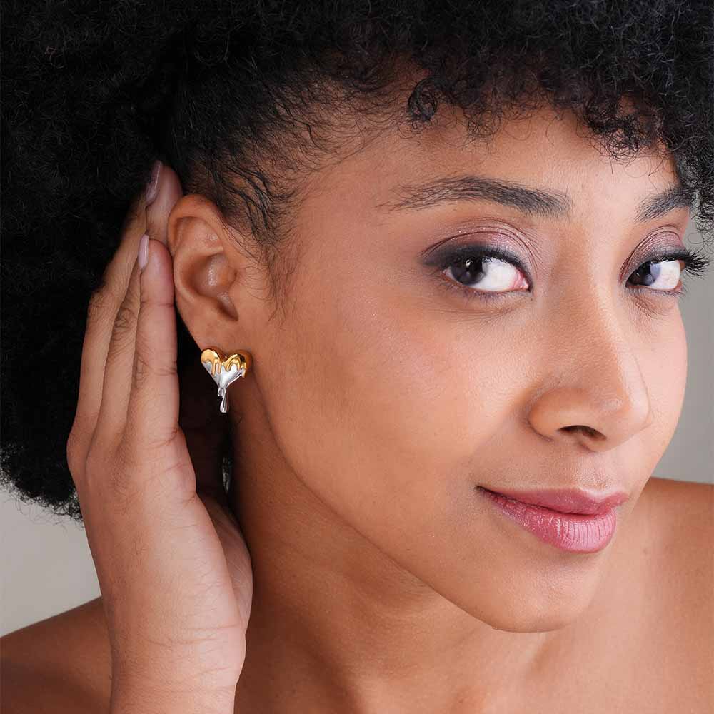 Bi-Metal Dripping Heart Stud Earrings