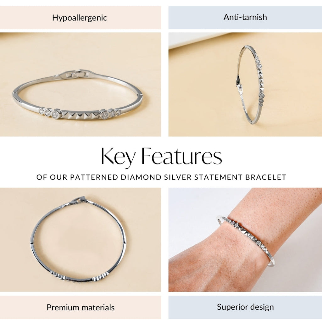 Patterned Diamond Silver Statement Bracelet