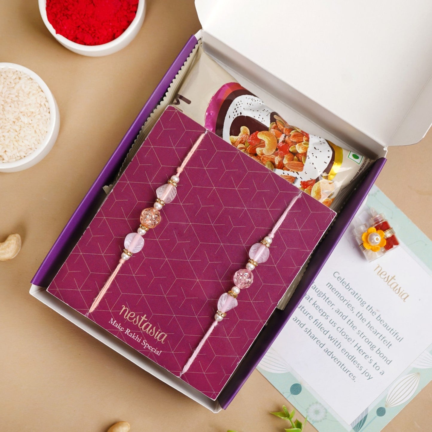 Peach and Pink Beaded Rakhi Set Of 2