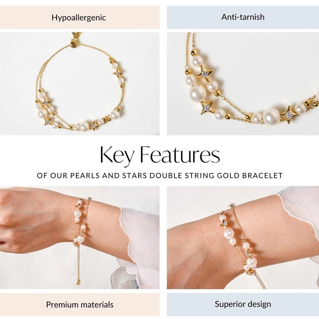Pearls And Stars Double String Gold Bracelet