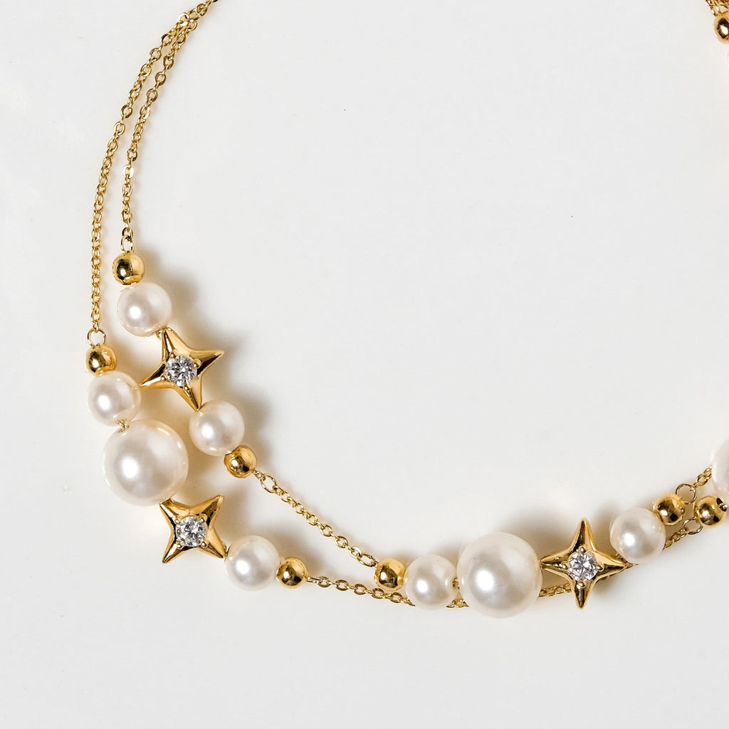 Pearls And Stars Double String Gold Bracelet
