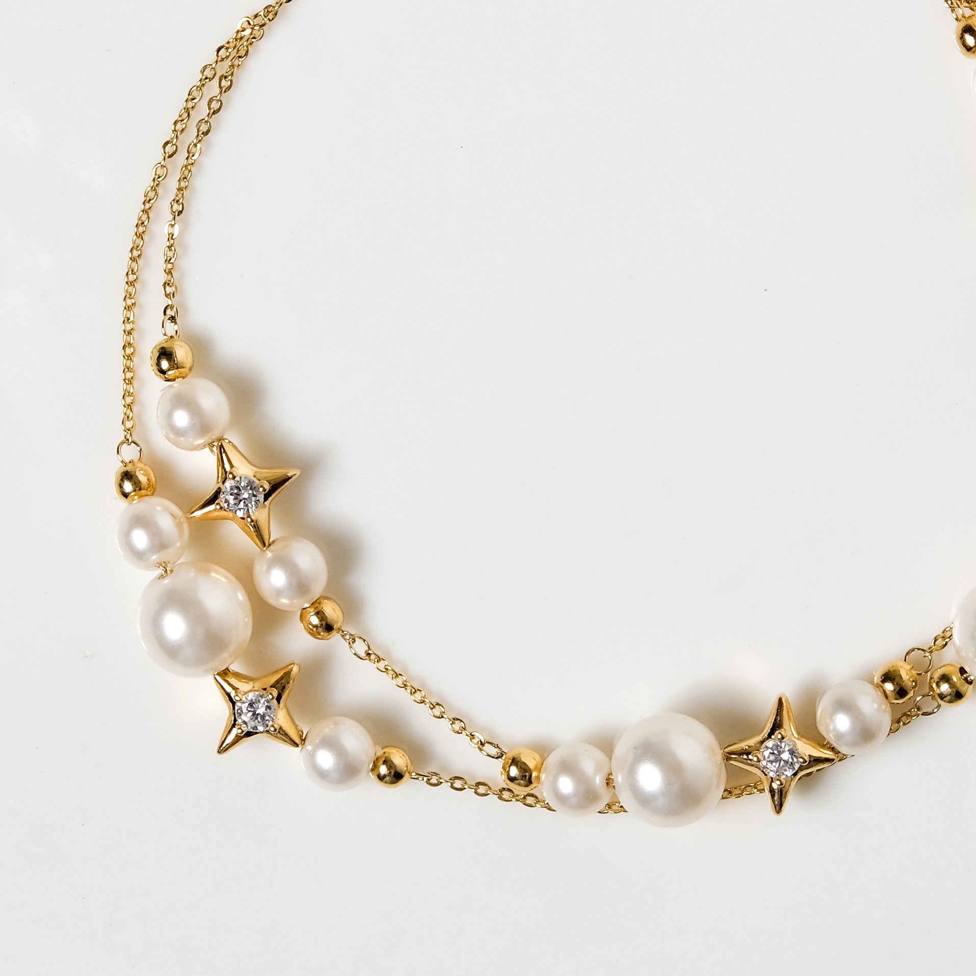 Pearls And Stars Double String Gold Bracelet
