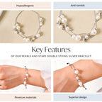 Pearls And Stars Double String Silver Bracelet