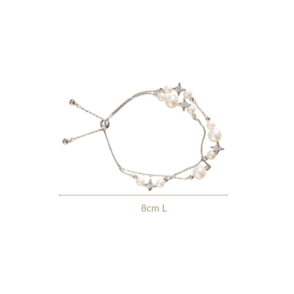 Pearls And Stars Double String Silver Bracelet