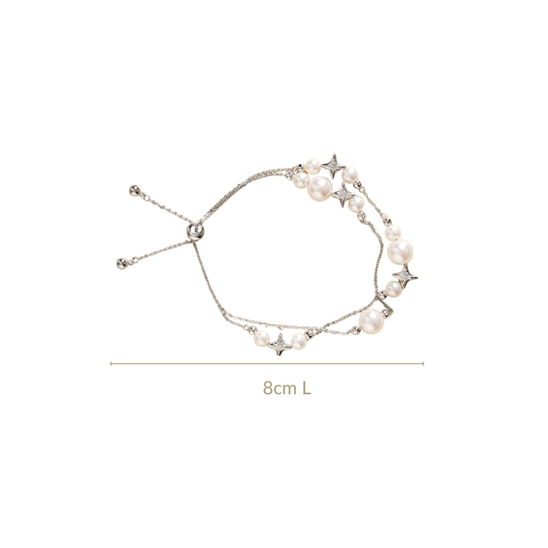 Pearls And Stars Double String Silver Bracelet