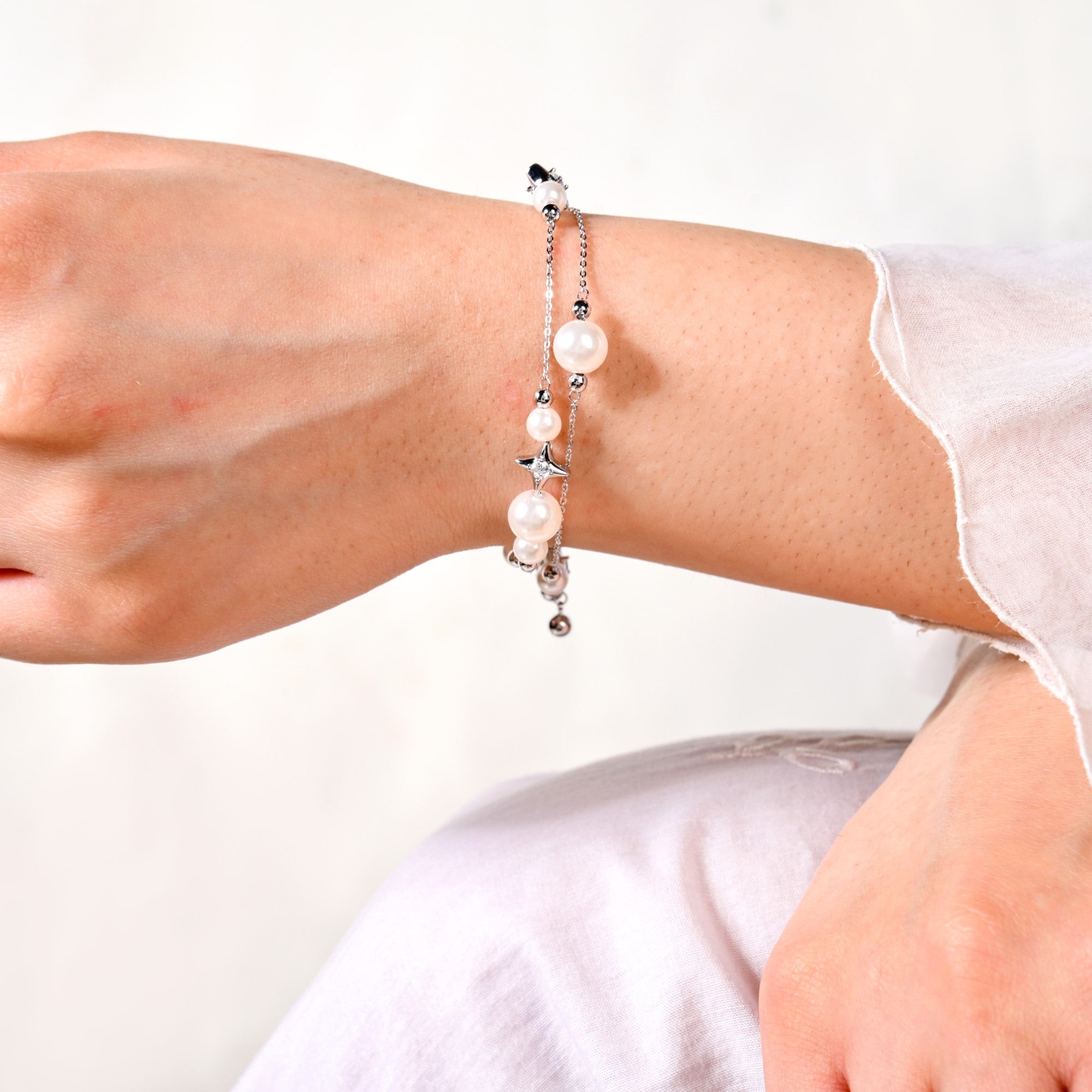 Pearls And Stars Double String Silver Bracelet
