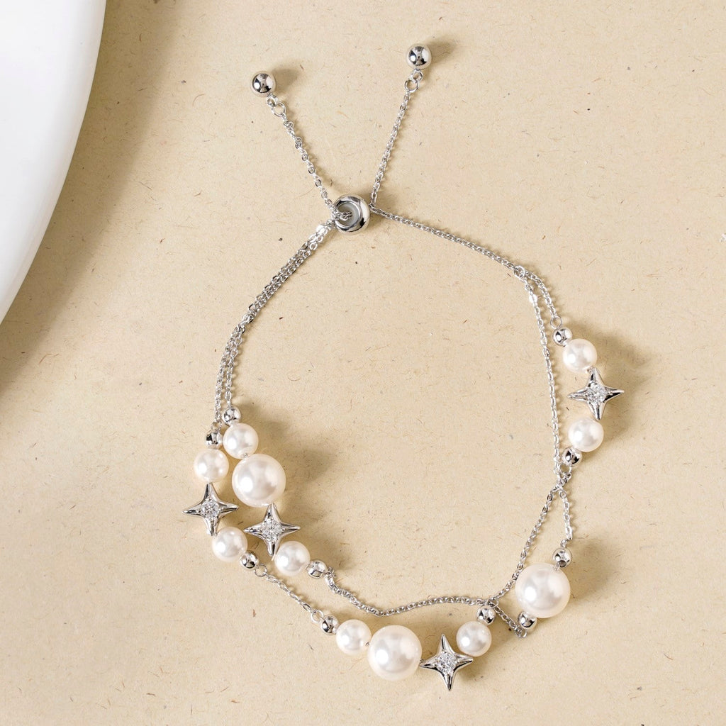 Pearls And Stars Double String Silver Bracelet