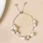 Pearls And Stars Double String Silver Bracelet