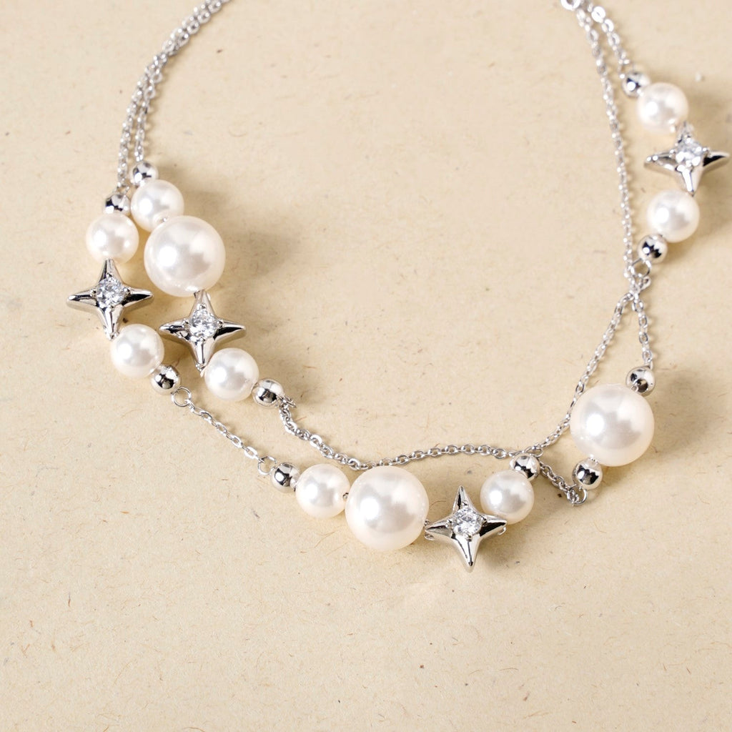 Pearls And Stars Double String Silver Bracelet